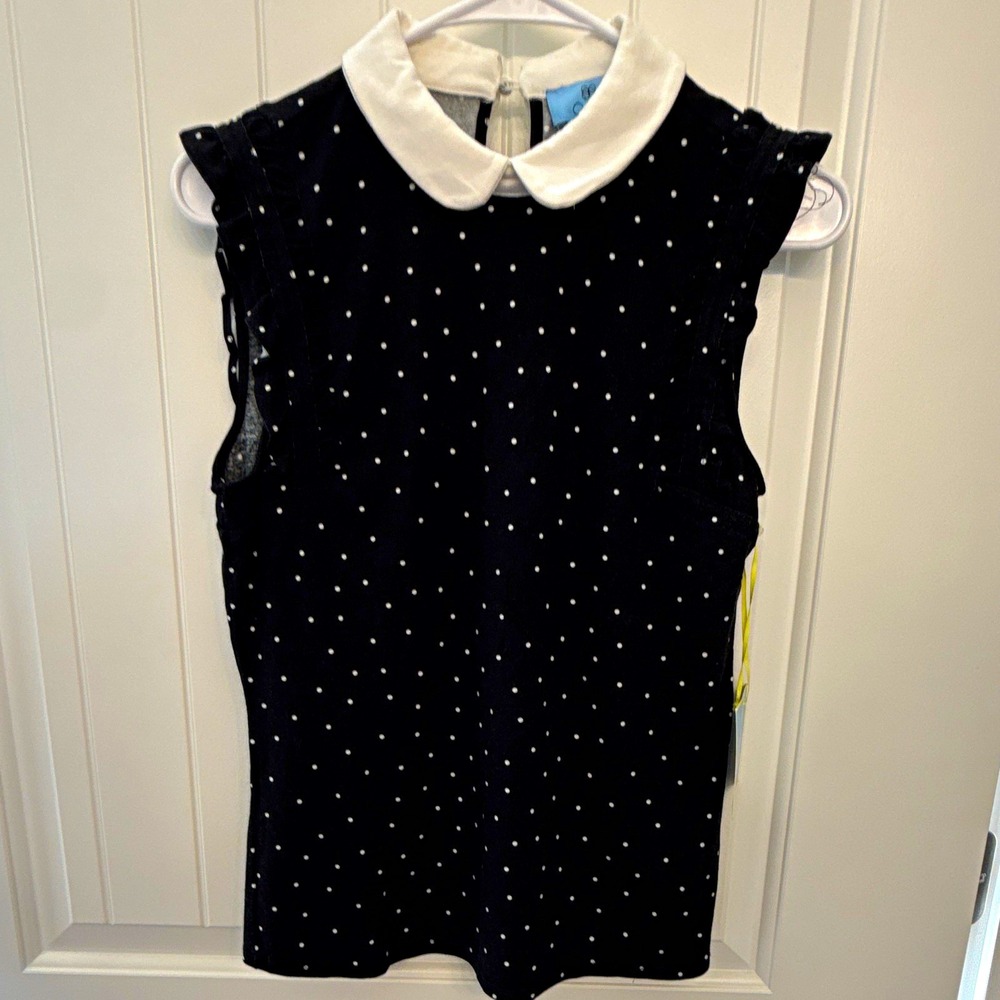 CeCe Women's XS Sleeveless Collared Polka Dot Knit Top Black/White Stretch NWT